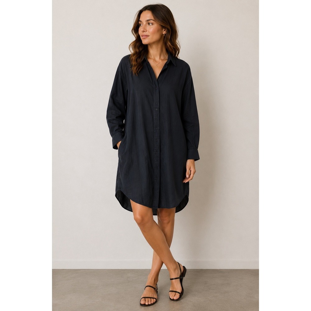 ASSEMBLY LABEL Black Cotton Shirt Dress Minimalist Button Front Long Sleeve 8